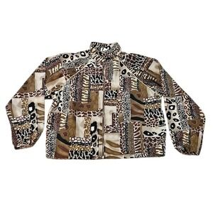 Teddi VTG Jacket Women Petite Large Brown Beige Animal Print Full Zip Patchwork